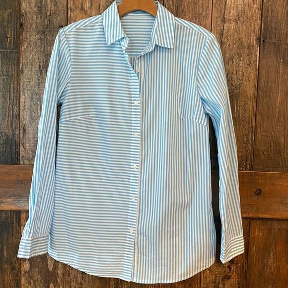 J. McLaughlin NWT Sz XS Light Blue White Stripes Classic Collar Button Shirt - Picture 2 of 7